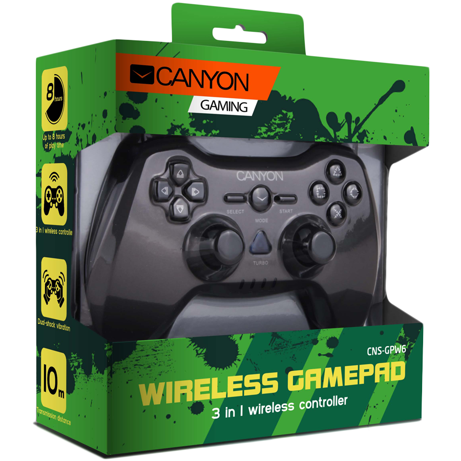 Gaming Accessories CANYON CNS-GPW6 3in1 wireless gamepad, up to 8 hours of play time, transmission distance up to 10m, rubberized finishing, dual-shock vibration (Compatible with PC, PS2, PS3)