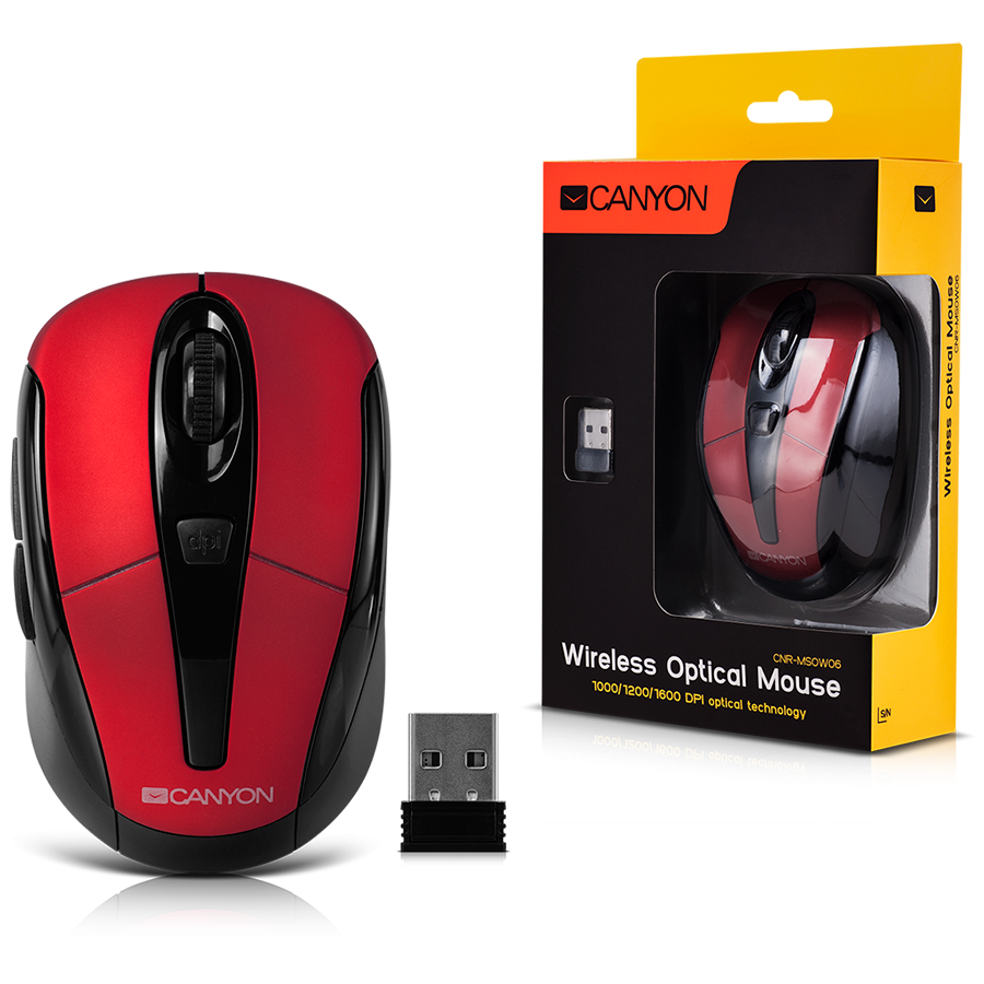 Input Devices - Mouse Box CANYON CNR-MSOW06R CANYON CNR-MSOW06R Red color, 3 buttons and 1 scroll wheel with 1000/1200/1600 switchable dpi plus 2 additional up/down direction buttons 2.4GHZ wireless optical mouse