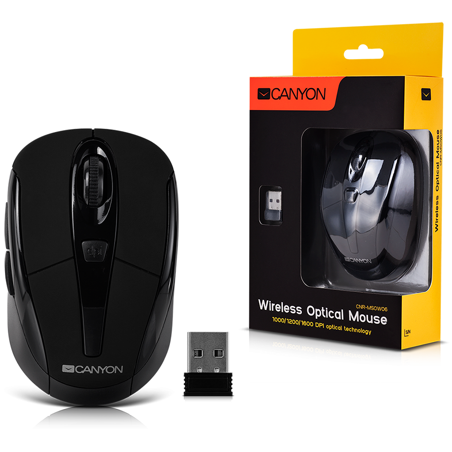 Input Devices - Mouse Box CANYON CNR-MSOW06B CANYON CNR-MSOW06B Black color, 3 buttons and 1 scroll wheel with 1000/1200/1600 switchable dpi plus 2 additional up/down direction buttons 2.4GHZ wireless optical mouse