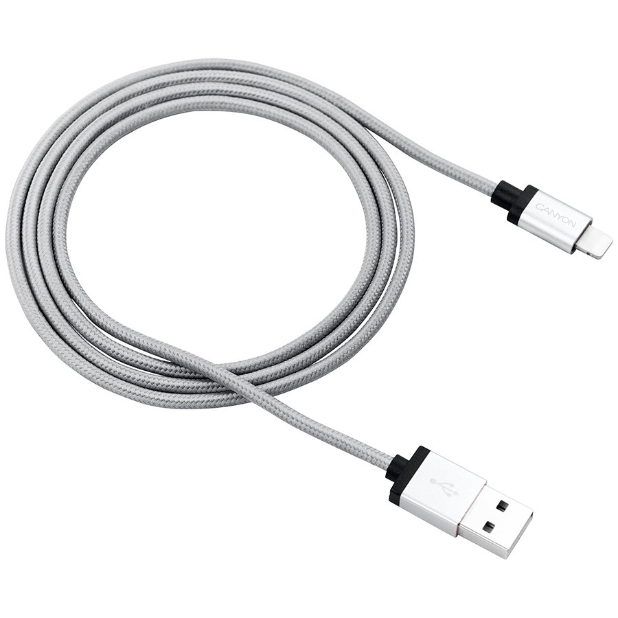Cables USB CANYON CNS-MFIC3DG Charge & Sync MFI braided cable with metalic shell, USB to lightning, certified by Apple, 1m, 0.28mm, Dark gray