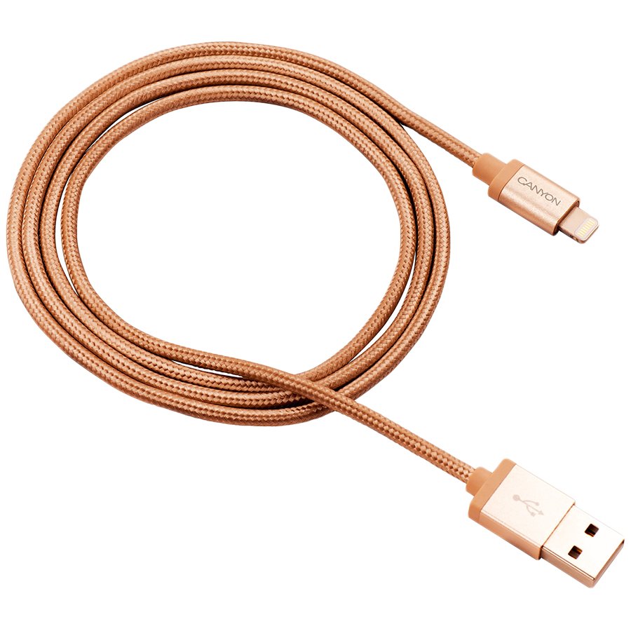 Cables USB CANYON CNS-MFIC3GO Charge & Sync MFI braided cable with metalic shell, USB to lightning, certified by Apple, 1m, 0.28mm, Golden