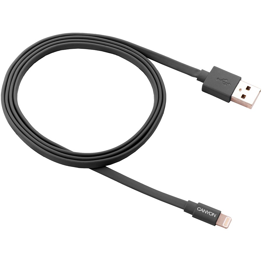 Cables USB CANYON CNS-MFIC2DG Charge & Sync MFI flat cable, USB to lightning, certified by Apple, 1m, 0.28mm, Dark gray