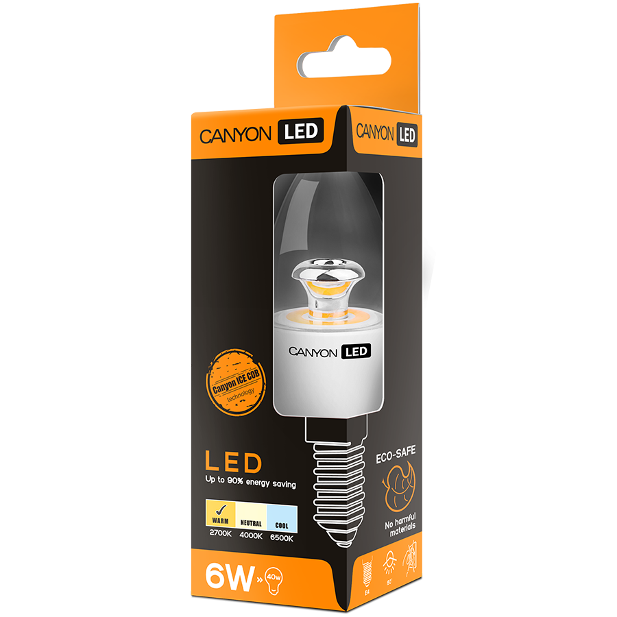 LED Lighting CANYON BE14CL6W230VW CANYON BE14CL6W230VW LED lamp, B38 shape, clear, E14, 6W, 220-240V, 150°, 470 lm, 2700K, Ra>80, 50000 h