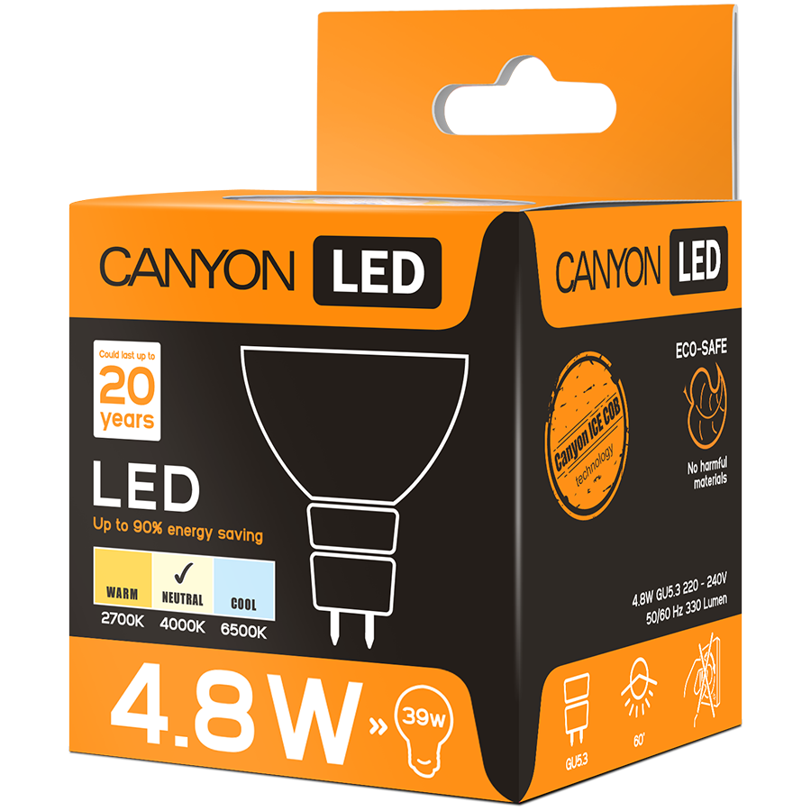 LED Lighting CANYON MRGU53/5W230VN60 CANYON MRGU53/5W230VN60 LED lamp, MR shape, GU5.3, 4.8W, 220-240V, 60°, 330 lm, 4000K, Ra>80, 50000 h