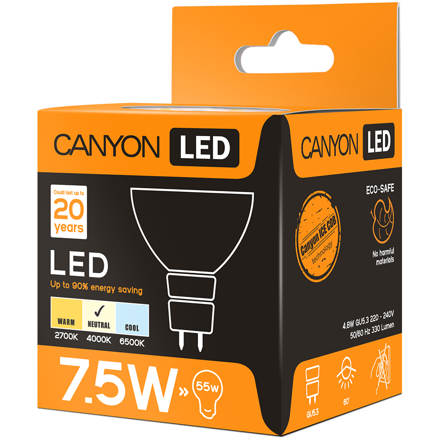 LED Lighting CANYON MRGU53/8W230VN60 CANYON MRGU53/8W230VN60 LED lamp, MR shape, GU5.3, 7.5W, 220-240V, 60°, 594 lm, 4000K, Ra>80, 50000 h