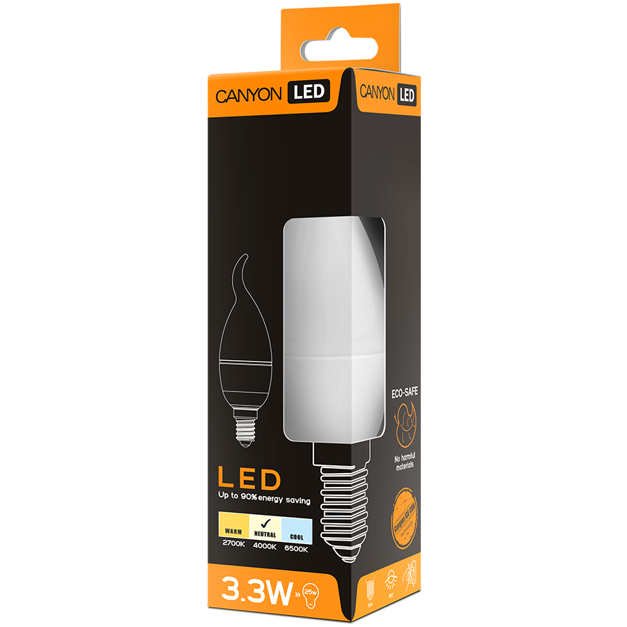 LED Lighting CANYON BXE14FR3.3W230VN CANYON BXE14FR3.3W230VN LED lamp, BXS38 shape, frosted, E14, 3.3W, 220-240V, 150°, 262 lm, 4000K, Ra>80, 50000 h