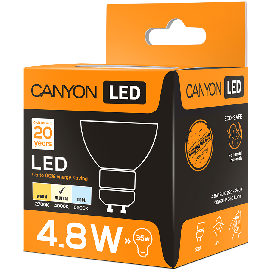 LED Lighting CANYON MRGU10/5W230VN60 CANYON MRGU10/5W230VN60 LED lamp, MR shape, GU10, 4.8W, 220-240V, 60°, 330 lm, 4000K, Ra>80, 50000 h