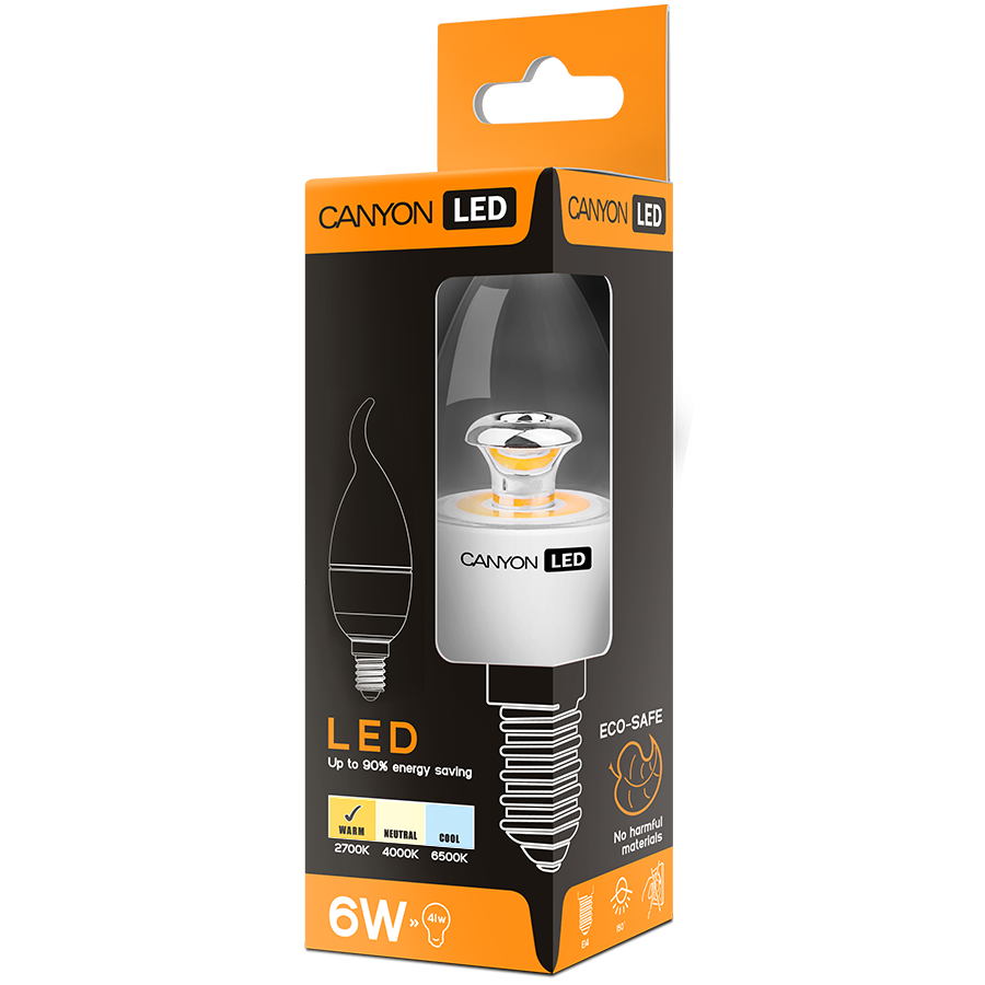 LED Lighting CANYON BXE14CL6W230VW CANYON BXE14CL6W230VW LED lamp, BXS38 shape, clear, E14, 6W, 220-240V, 150°, 470 lm, 2700K, Ra>80, 50000 h