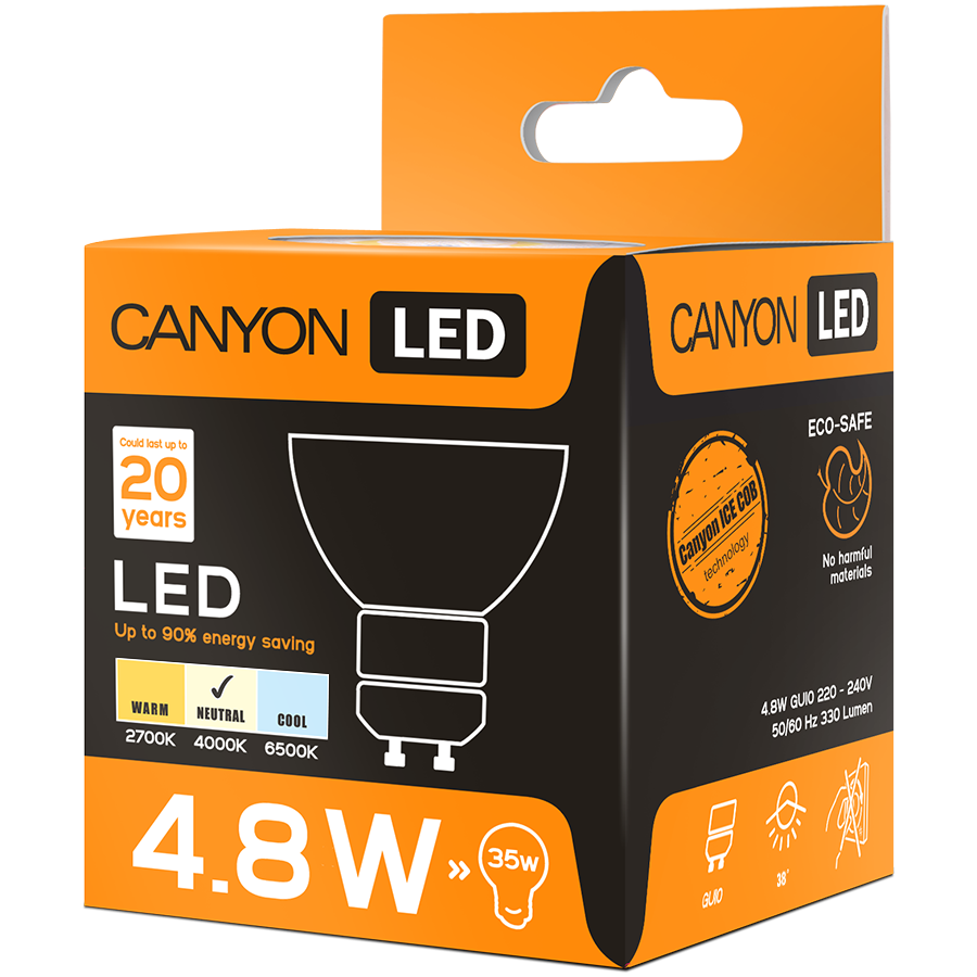 LED Lighting CANYON MRGU10/5W230VN38 CANYON MRGU10/5W230VN38 LED lamp, MR shape, GU10, 4.8W, 220-240V, 38°, 330 lm, 4000K, Ra>80, 50000 h
