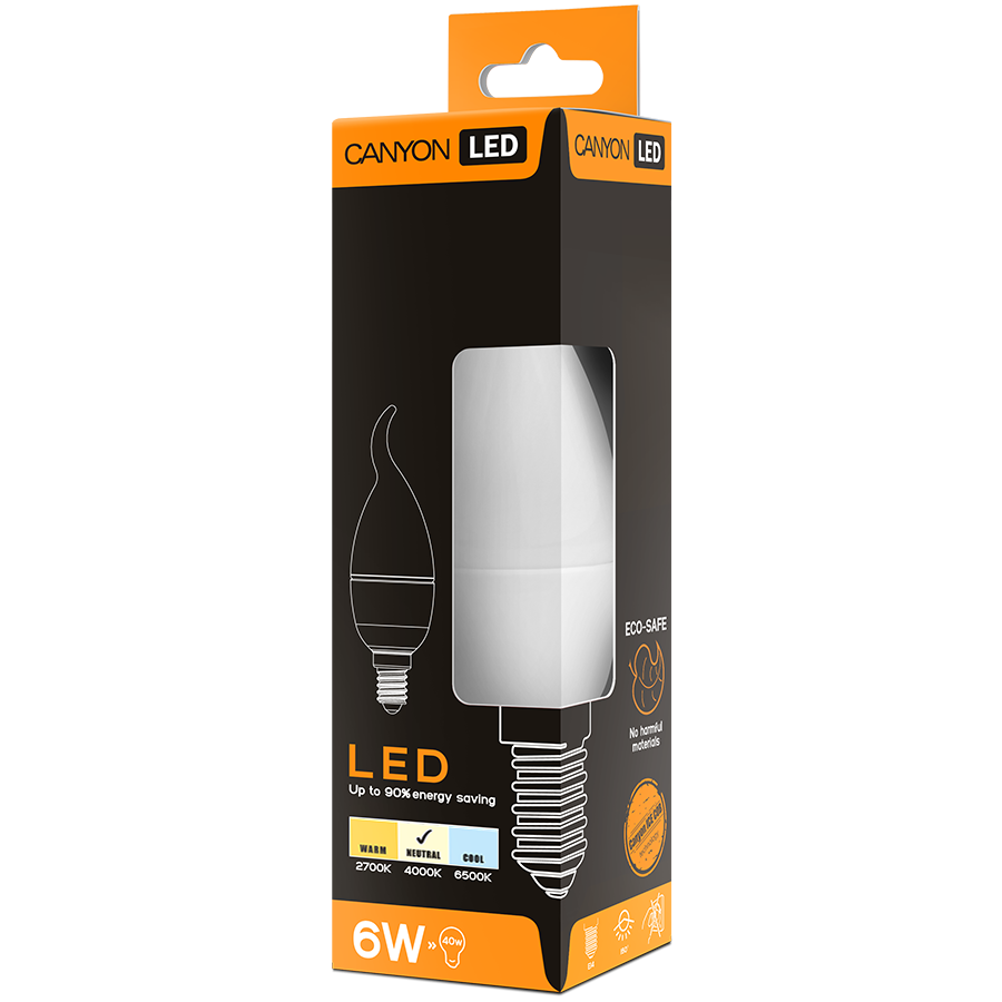 LED Lighting CANYON BXE14FR6W230VN CANYON BXE14FR6W230VN LED lamp, BXS38 shape, frosted, E14, 6W, 220-240V, 150°, 494 lm, 4000K, Ra>80, 50000 h