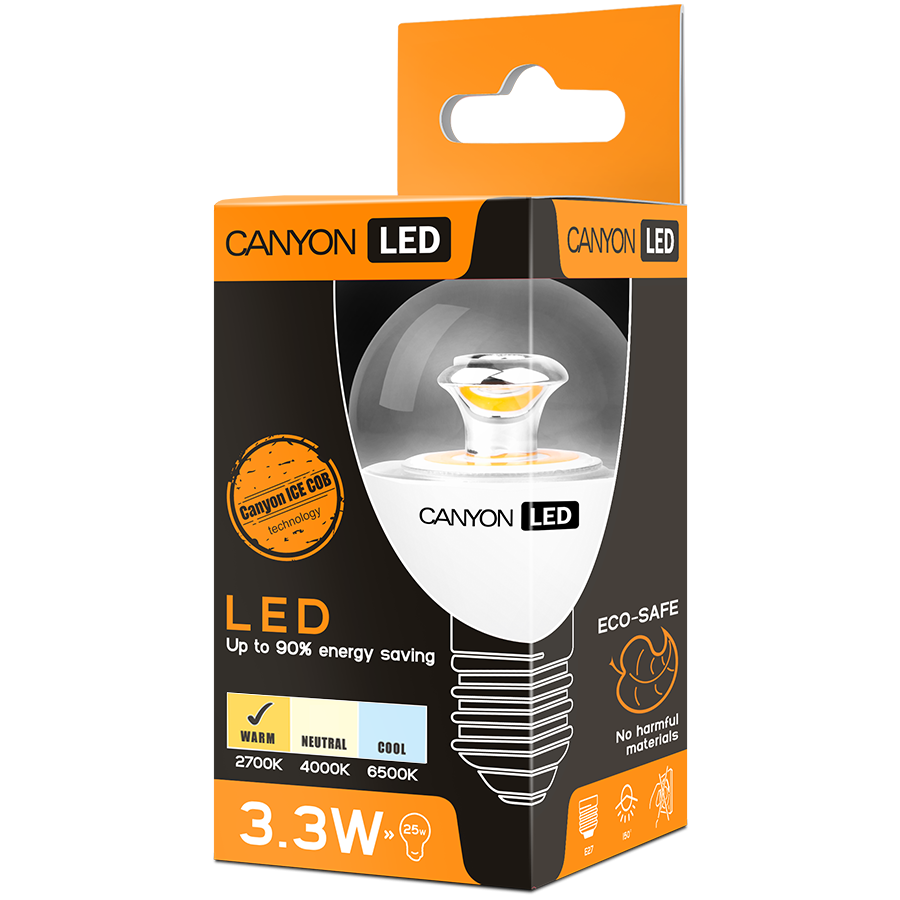 LED Lighting CANYON PE14CL3.3W230VW CANYON PE14CL3.3W230VW LED lamp, P45 shape, clear, E14, 3.3W, 220-240V, 150°, 250 lm, 2700K, Ra>80, 50000 h