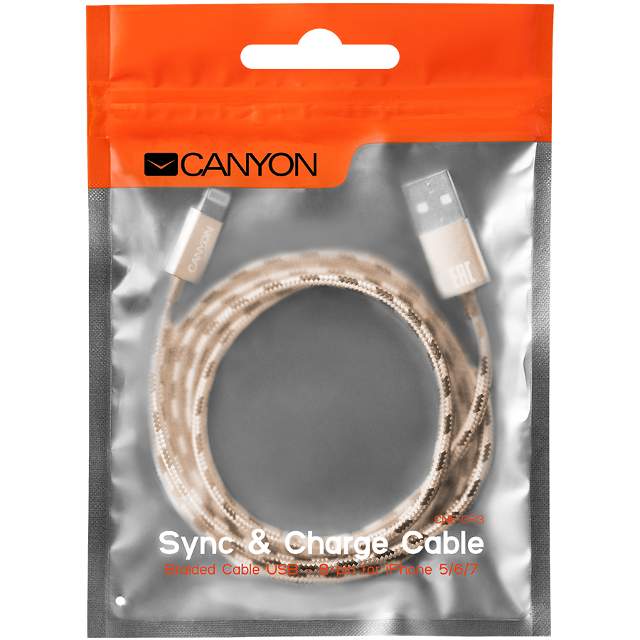 Cables USB CANYON CNE-CFI3GO Lightning USB Cable for Apple, braided, metallic shell, 1M, Gold