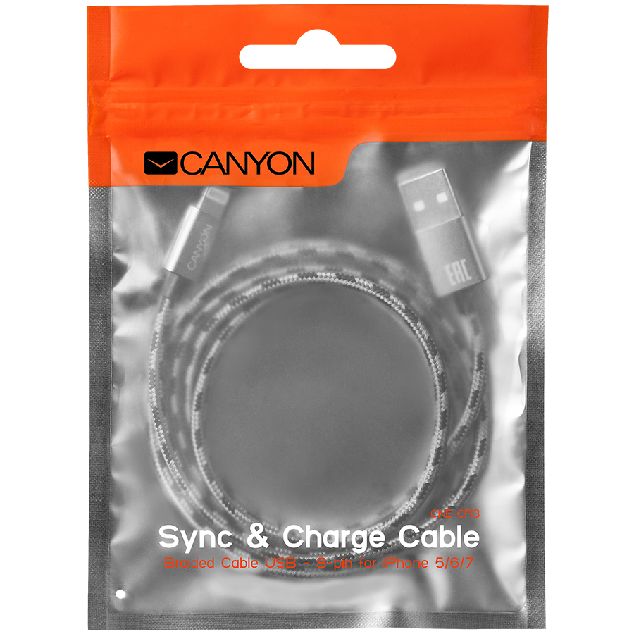 Cables USB CANYON CNE-CFI3DG Lightning USB Cable for Apple, braided, metallic shell, 1M, Dark gray