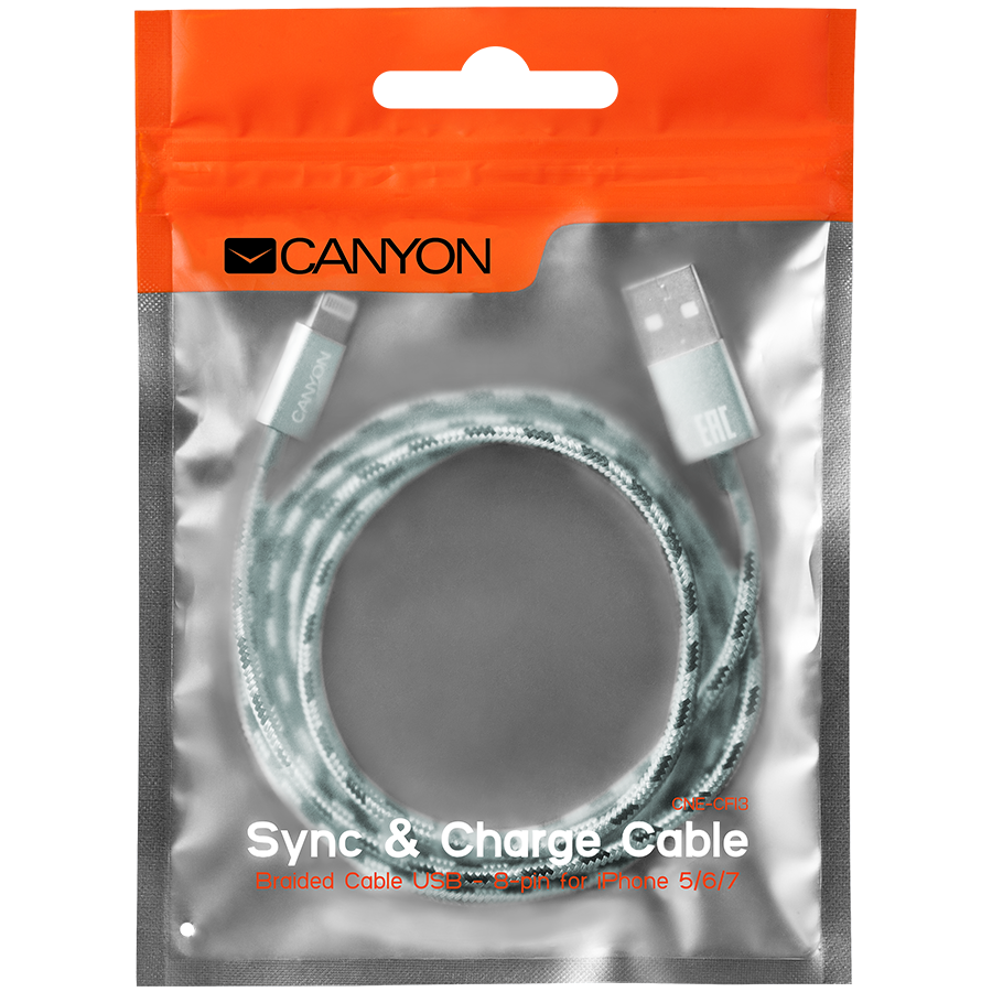 Cables USB CANYON CNE-CFI3G Lightning USB Cable for Apple, braided, metallic shell, 1M, Green