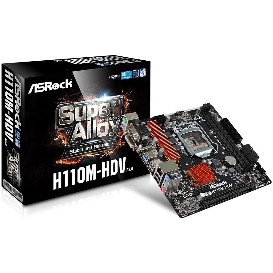 Main Board Desktop ASROCK H110M-HDV_R3.0_3Y ASROCK Main Board Desktop H110 (S1151, 2xDDR4,1xPCI E 3.0 x16,2xPCI E 2.0x1, SATA III ,GLAN,DVD-D,HDMI,VGA, USB3.0)micro ATX retail