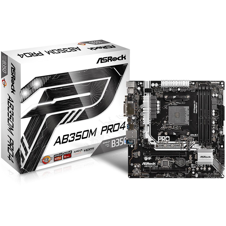 Main Board Desktop ASROCK AB350M_PRO4 ASROCK Main Board Desktop AM4 B350 (SAM4,4xDDR4,2xPCI 3.0x16,1xPCI E 2.0x16, 2x m.2, SATA III,USB3.0,VGA,DVD,HDMI,GLAN) mATX Retail