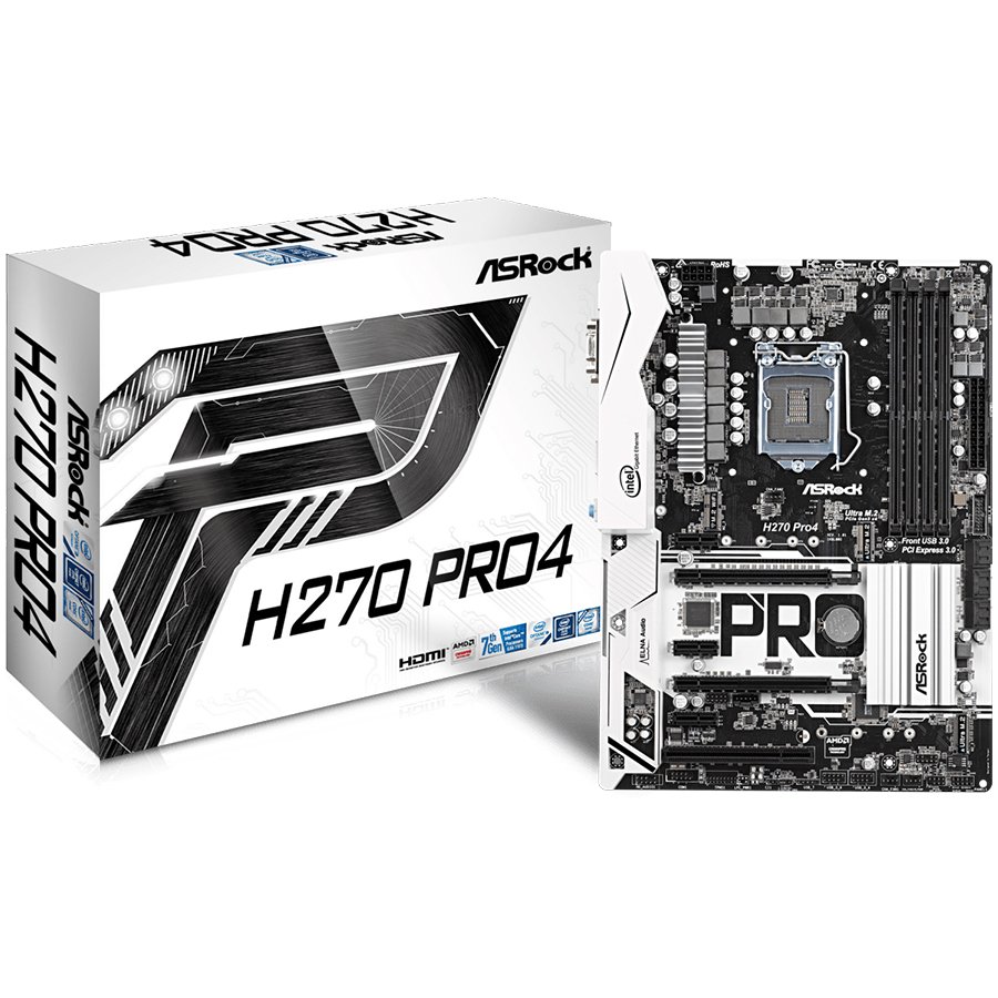 Main Board Desktop ASROCK H270M_PRO4_3Y ASROCK Main Board Desktop H270 (S1151, 4xDDR4,2xPCI E x16,2xPCI Ex1 , 6xSATA III ,GLAN,VGA,DVI,HDMI, USB3.1,USB3.0) mATX retail