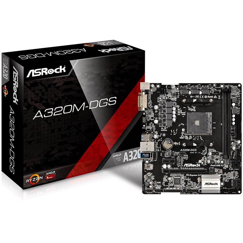 Main Board Desktop ASROCK A320M-DGS ASROCK Main Board Desktop AM4 A320, 2xDDR4, 1xPCI-E x1, 1xPCI-E x16, DVI-D, 4 SATA3, 1 Ultra M.2 NVMe , 6 USB 3.0 (2 Front, 4 Rear)