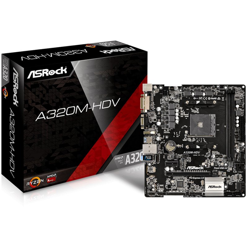 Main Board Desktop ASROCK A320M-HDV ASROCK Main Board Desktop AM4 A320, 2xDDR4, 1xPCI-E x1, 1xPCI-E x16, HDMI, DVI-D, D-Sub, 4 SATA3, 1 Ultra M.2 NVMe , 6 USB 3.0 (2 Front, 4 Rear), Header ( 1 x Print Port- 1 x COM Port ) Micro ATX
